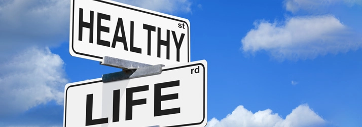 Chiropractic Burley ID wellness Street signs reading “HEALTHY” and “LIFE” against a blue sky with clouds.